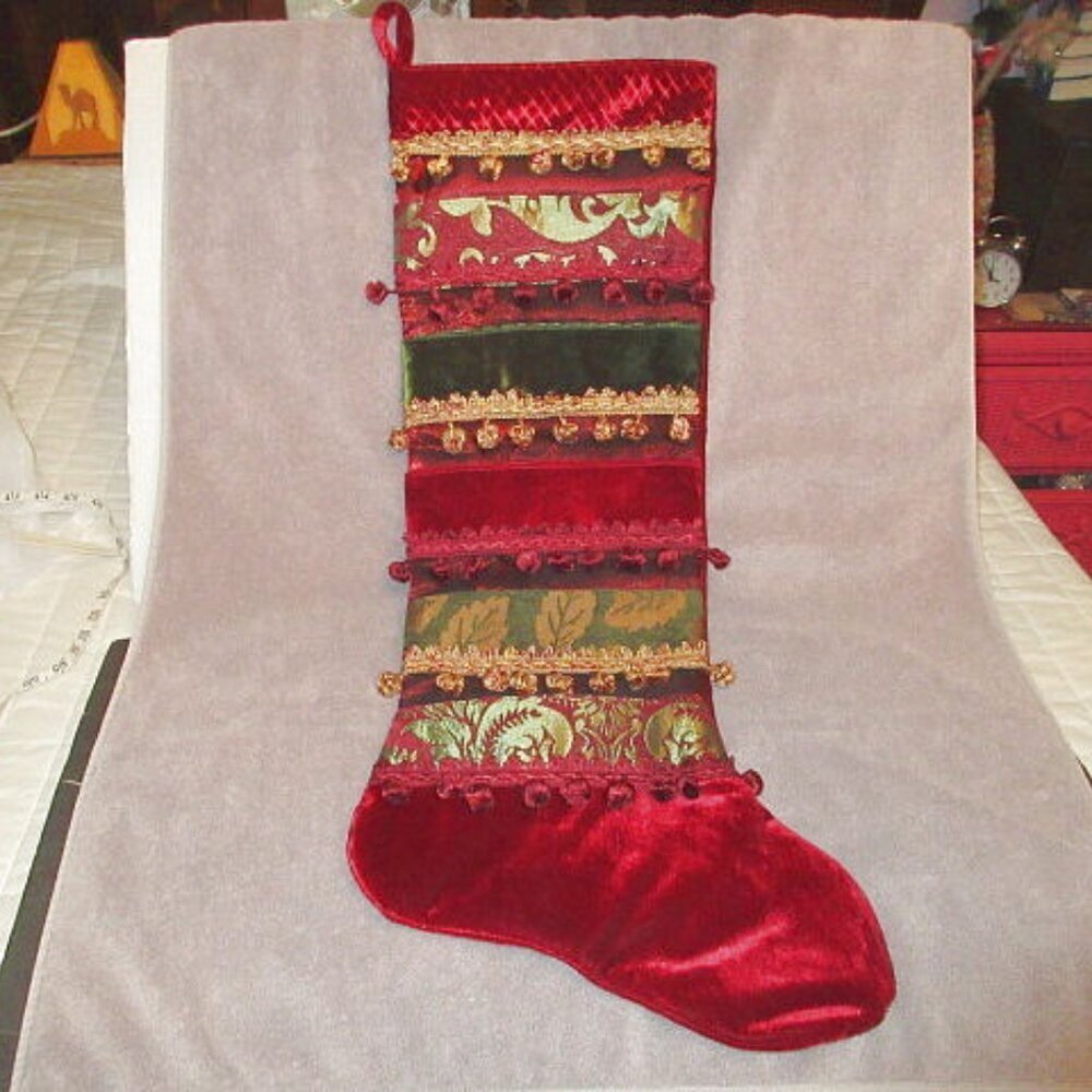 Vtg Jumbo Christmas Stocking 33" Velvet Jacquard Front Tiered Gift Pockets Poms